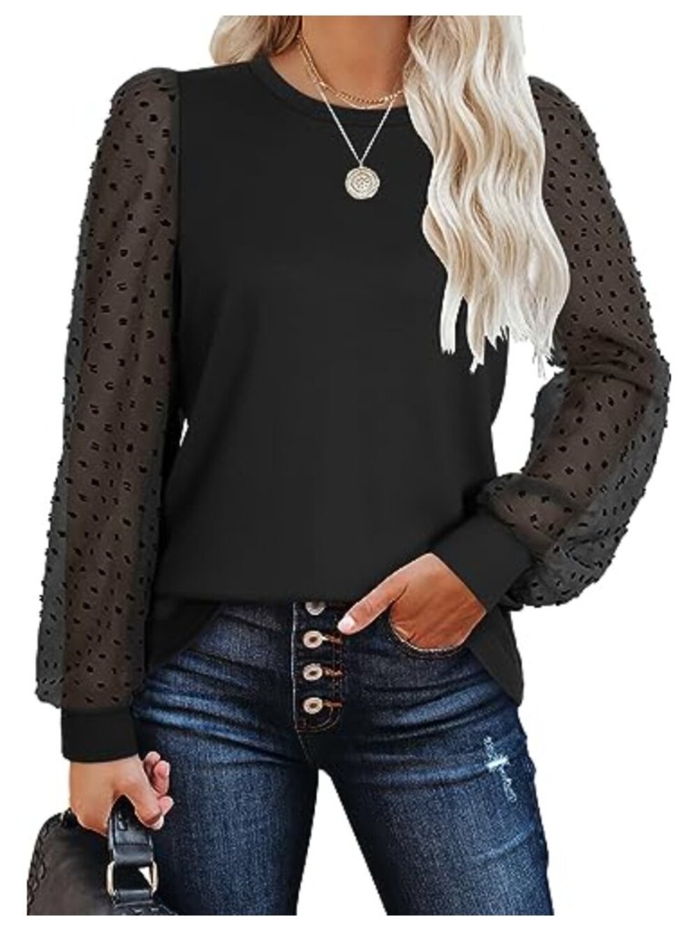 Women's Long Sleeve Tunic Top Swiss Dot Puff Sleeve Crew Neck T-Shirt